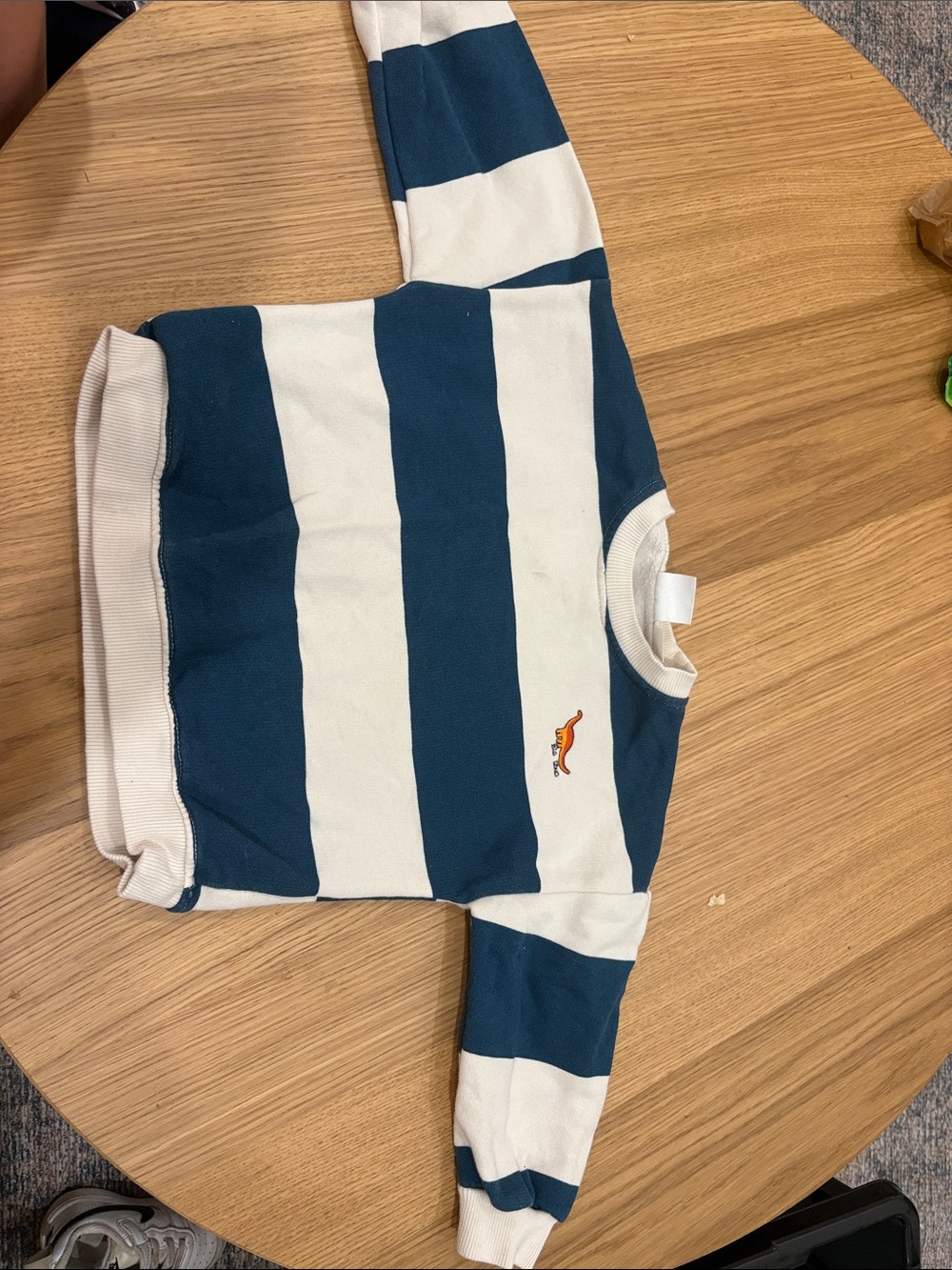 Zara Kids Teal and White Wide-Striped Sweatshirt with Dinosaur Embroidery